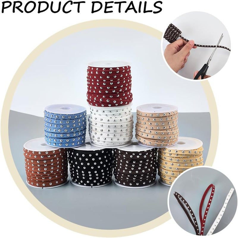 CALFOVERA 43.7 Yards 8 Colors Faux Suede Cord for Jewelry Making 5mm Studded Flat Leather Lace Beading String Rope Strips Trim Ribbon with Silver Punk Rivets for Necklaces Bracelets DIY Crafts - Image 5